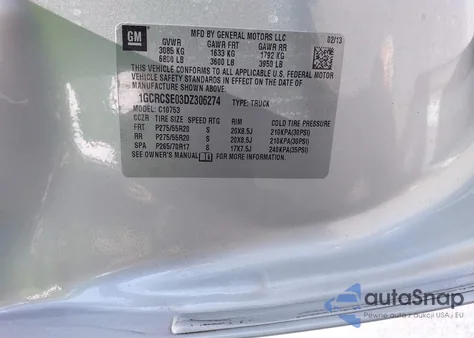 2013 Chevrolet Silverado 1500 Lt из США, поврежденный, VIN 1GCRCSE03DZ306274